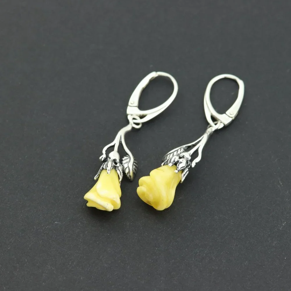 Sterling silver earrings with natural Baltic amber, amber rose drop earrings - Picture 10 of 14